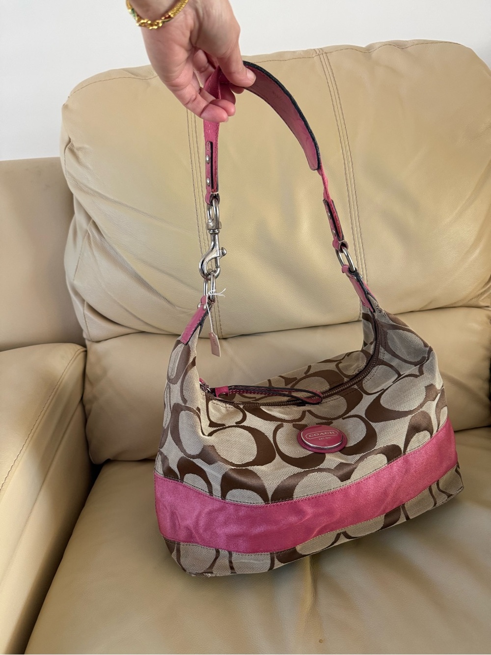 Coach Brown Signature Canvas Shoulder Bag with Pink Accent